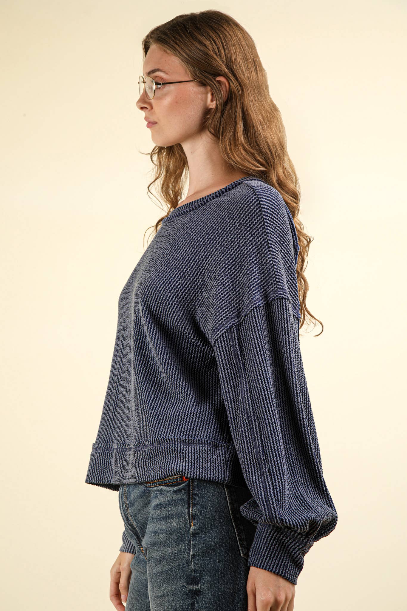 Two Tone Otto Ribbed Oversized Soft Comfy knit Top: DENIM