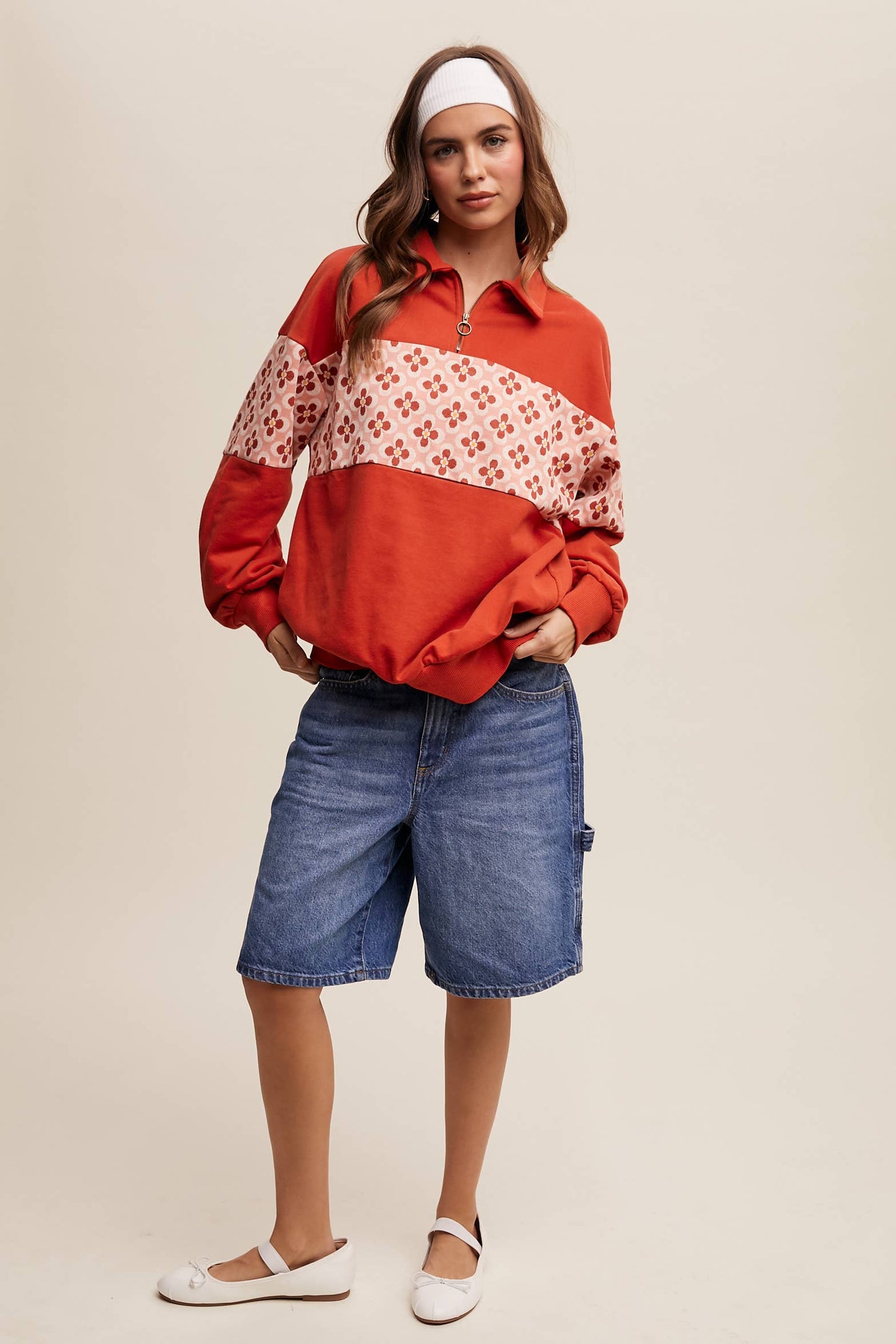 Retro Flower Panel Half-Zip Pullover