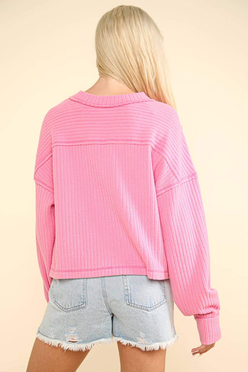 Casual Comfy Soft V-Neck Knit Top: Pink
