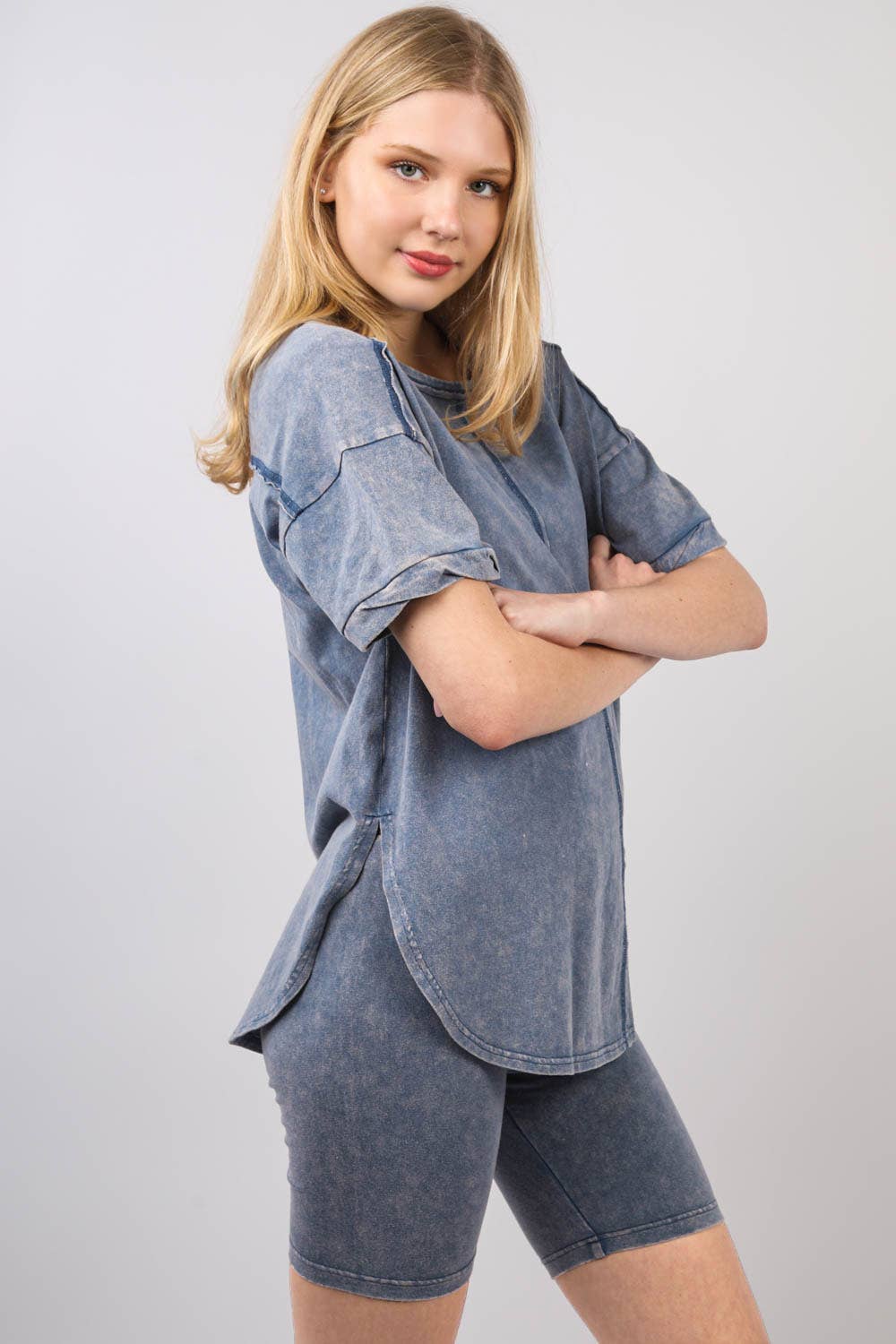 Washed Stretchy Knit Activewear Top & Shorts