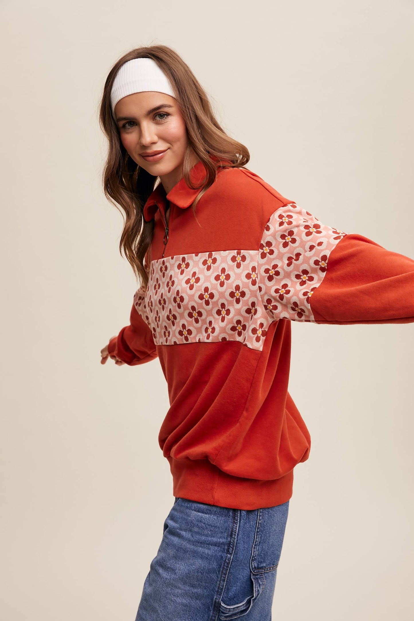 Retro Flower Panel Half-Zip Pullover