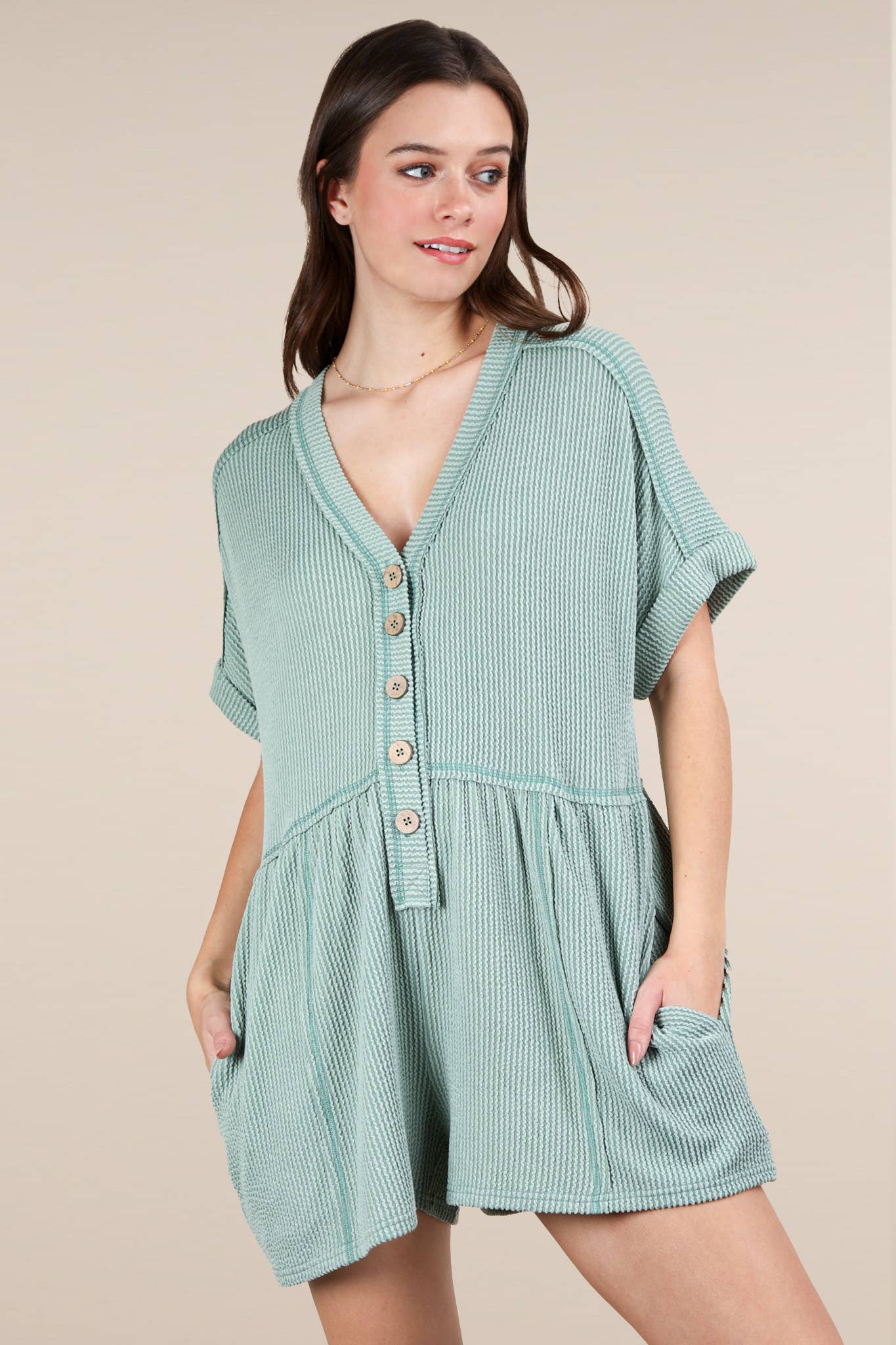 Two Tone Ribbed Knit Comfy Casual Romper
