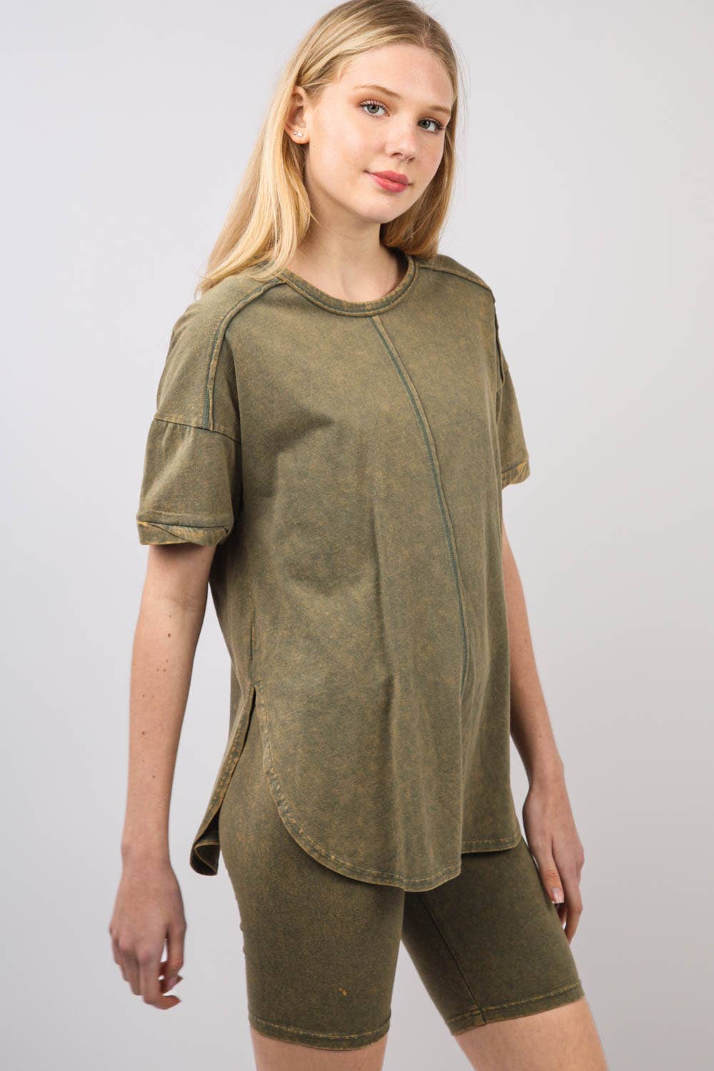 Washed Stretchy Knit Activewear Top & Shorts