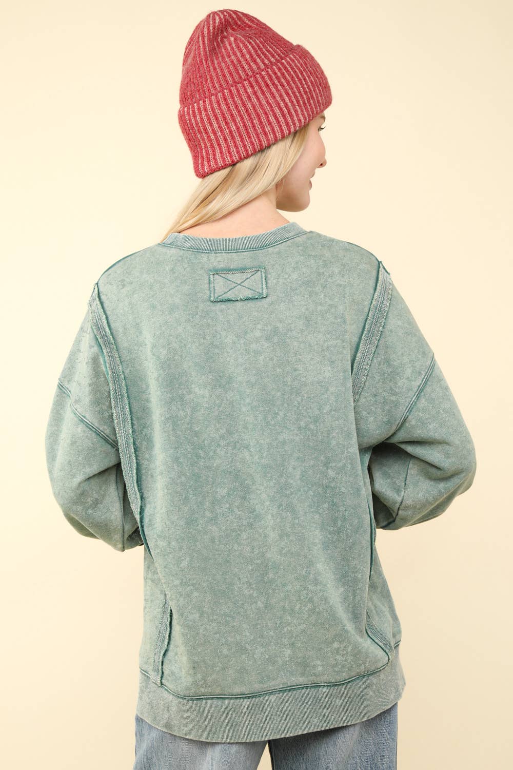 Mineral Washed French Terry Oversized Knit Top: Green