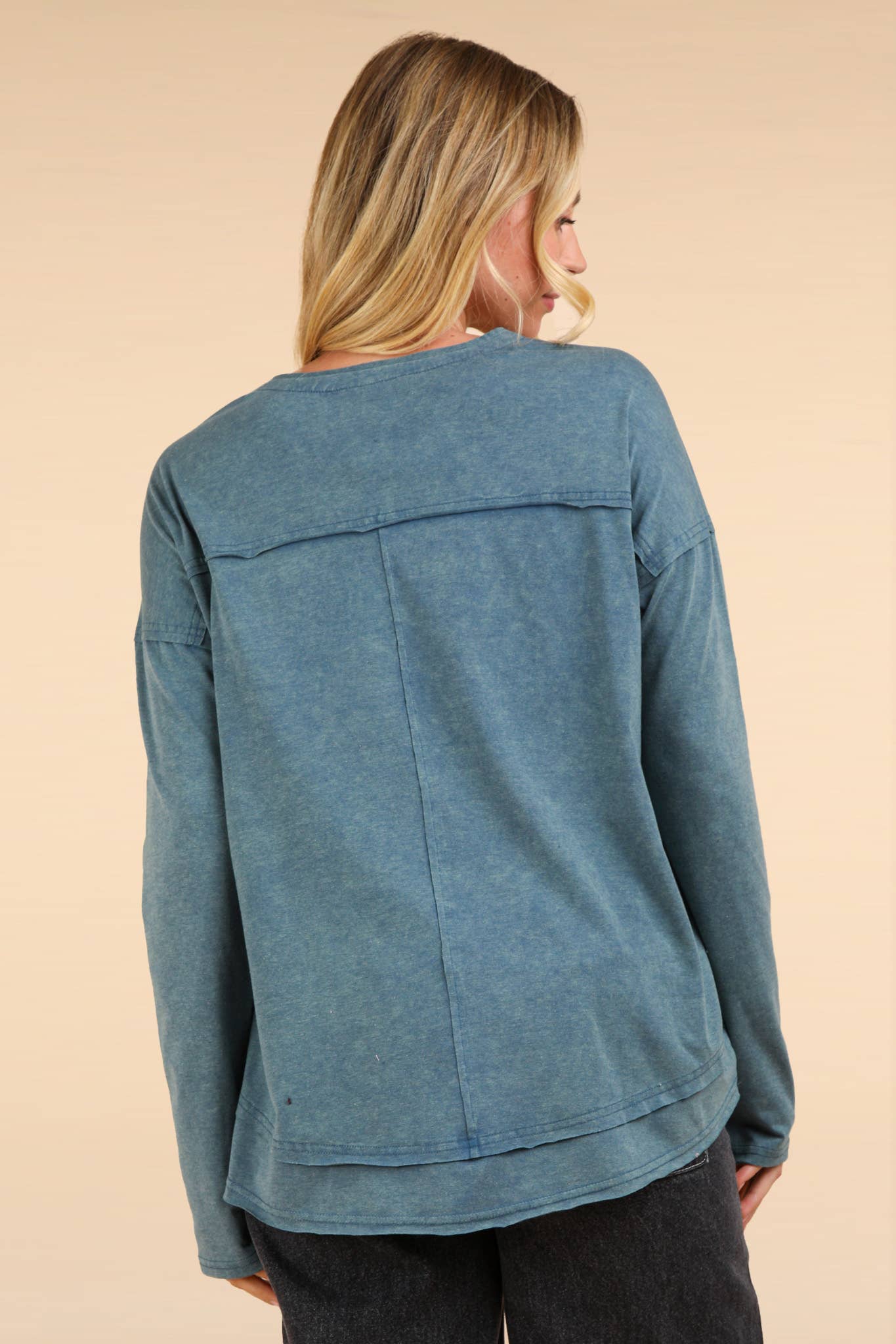 Mineral Washed Cotton Comfy Knit Top: DENIM