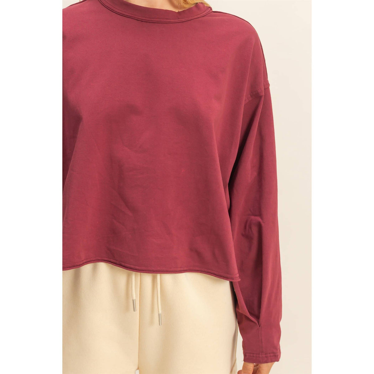 Mineral Washed Casual Long Sleeve Top: WINE