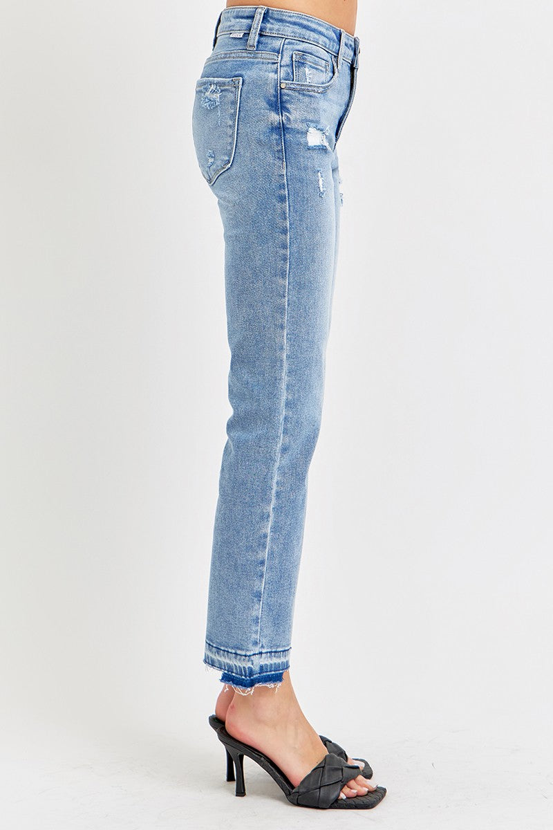 MID RISE ANKLE STRAIGHT UNEVEN RELEASED HEM JEANS