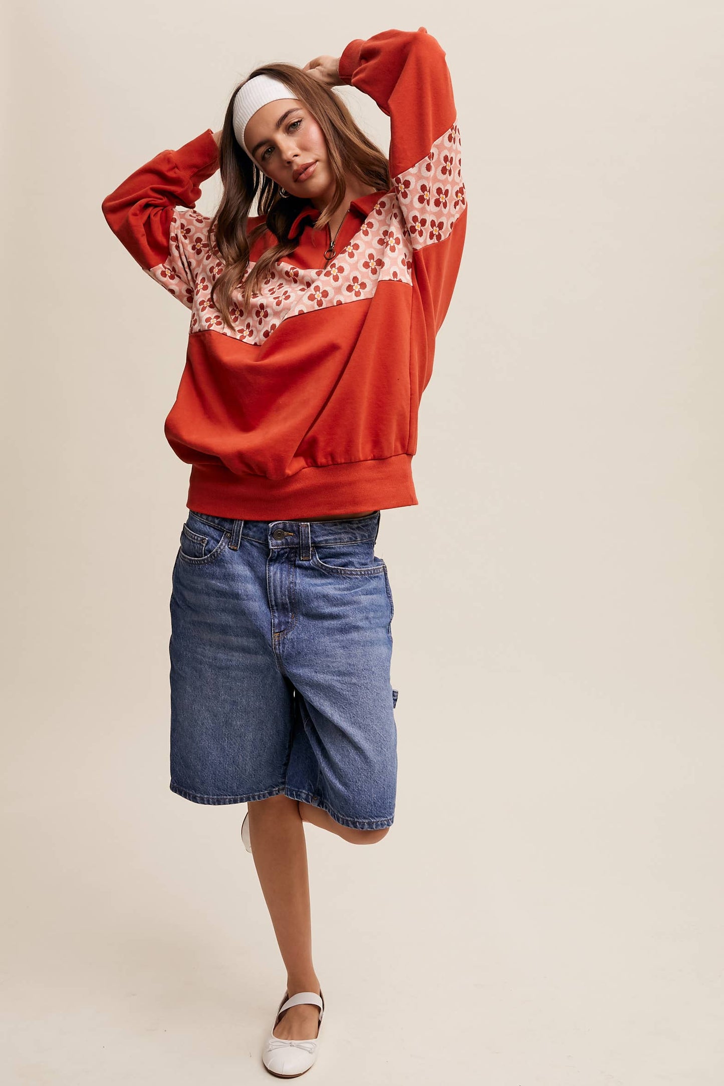 Retro Flower Panel Half-Zip Pullover