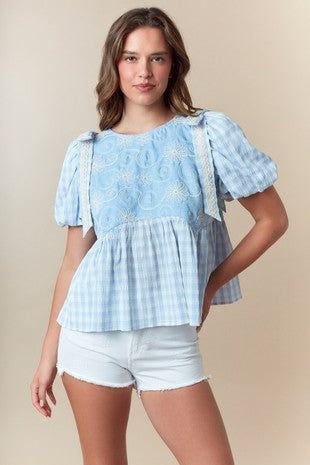 Embroidery Detailed Checker Print Blouse