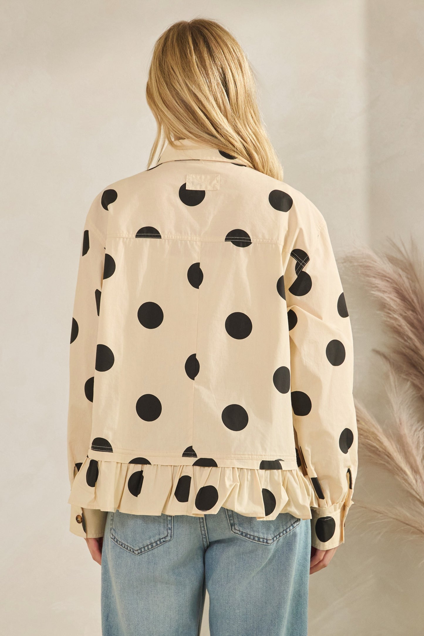 Polka Dot Ruffle Hem Long Sleeve Shirt