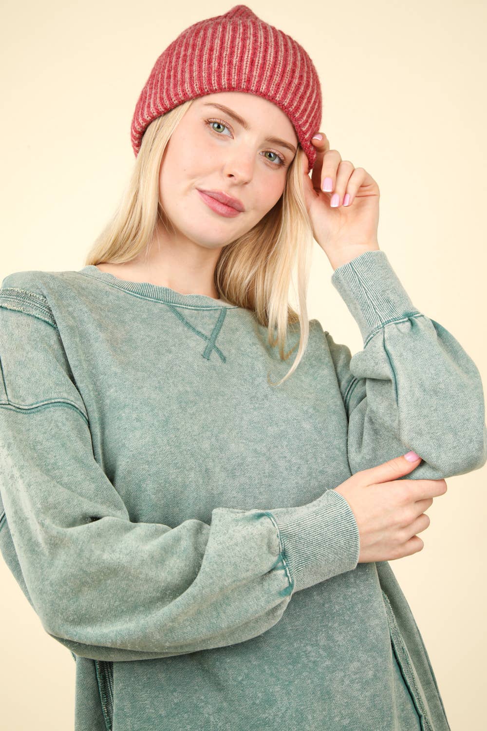 Mineral Washed French Terry Oversized Knit Top: Green