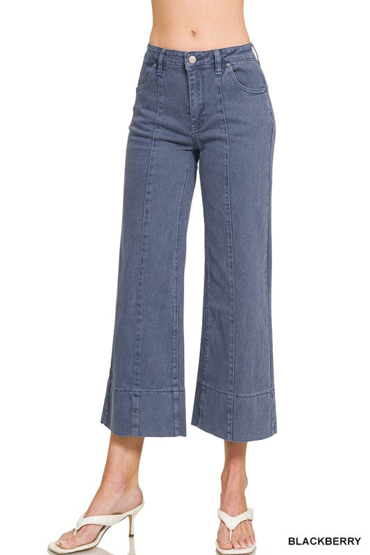 Mid rise wide leg cropped color denim pants-Blue