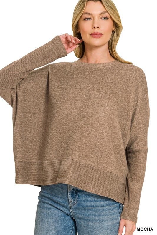 Brushed melange hacci dolman sleeve sweater-Mocha