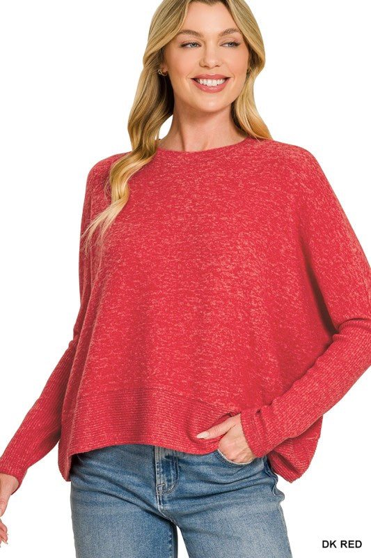 Brushed melange hacci dolman sleeve sweater-Red