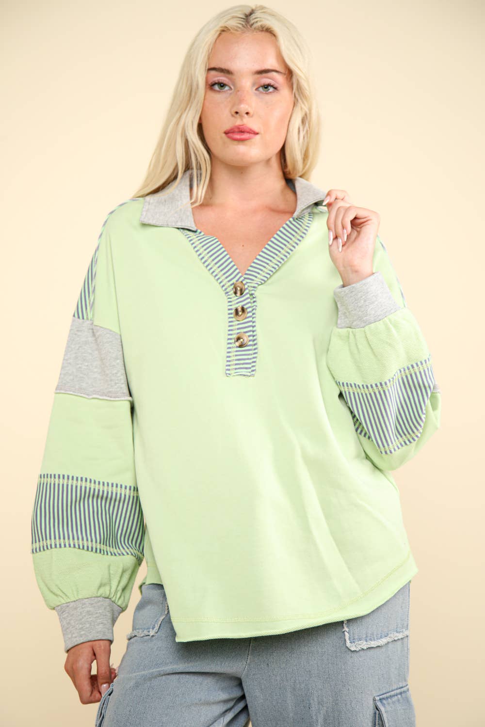 Color Block Oversized Casual Knit Top: APPLE GREEN