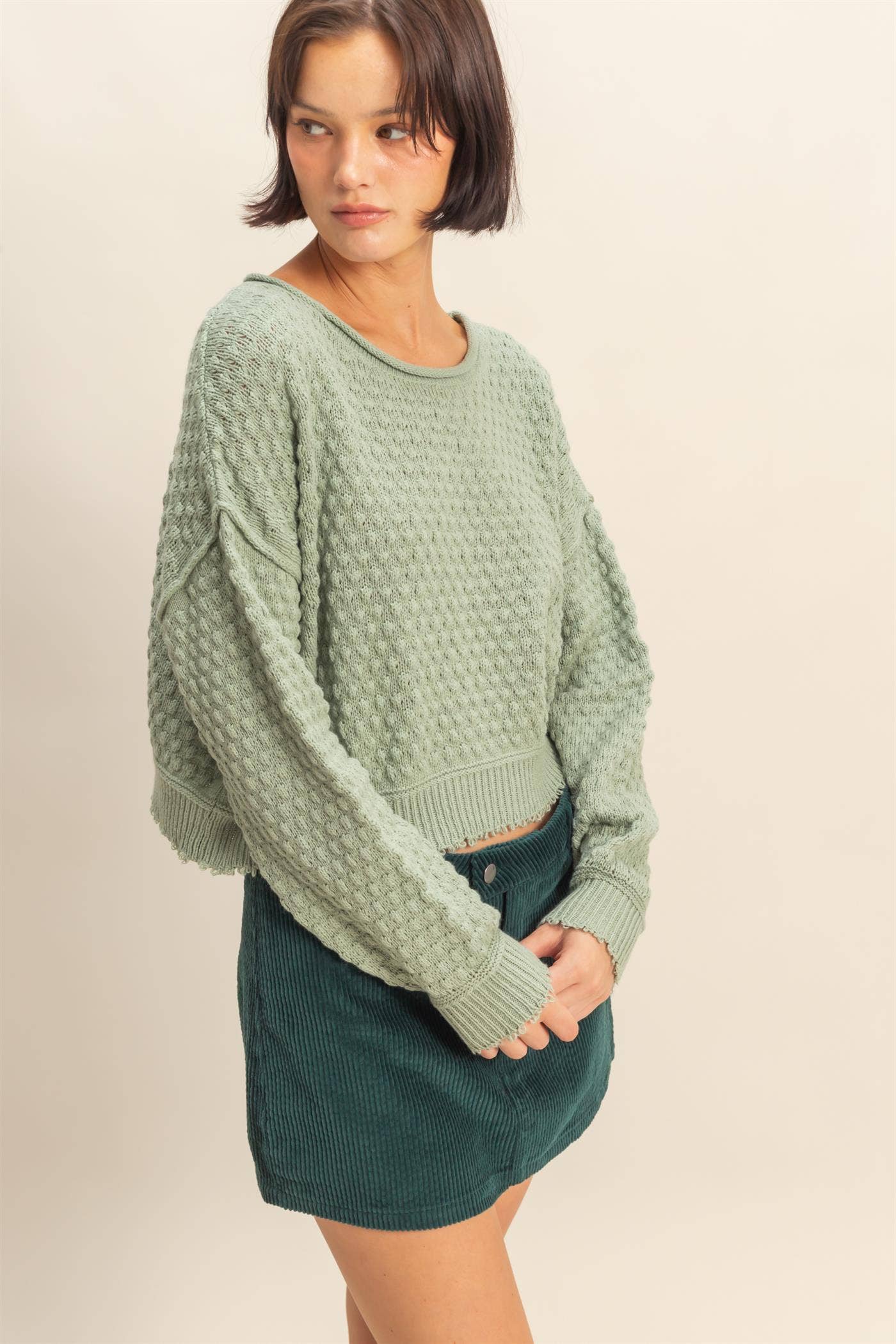 Textured Round Neck Long Sleeve Sweater: SAGE GREEN