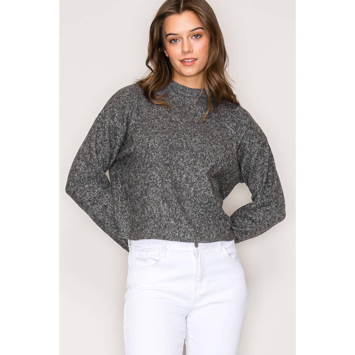 Mock Neck Long Sleeve Brushed Sweater Knit Top: Charcoal