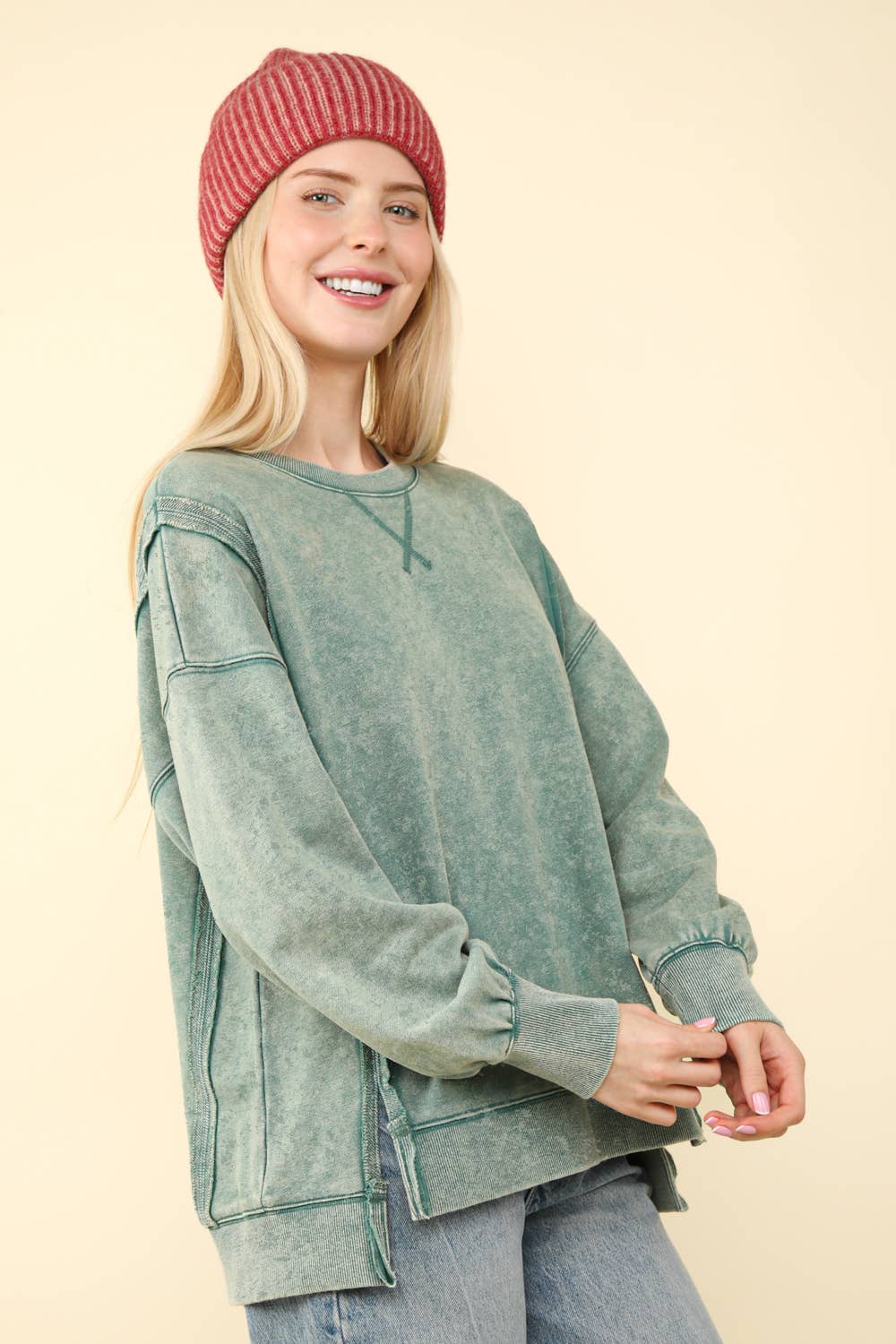 Mineral Washed French Terry Oversized Knit Top: Green