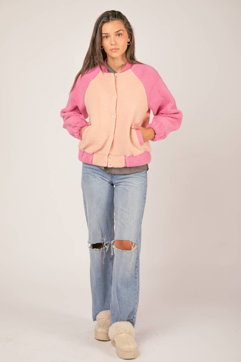 Raglan Sleeve Oversized Color Block Fleece Jacket: Pink
