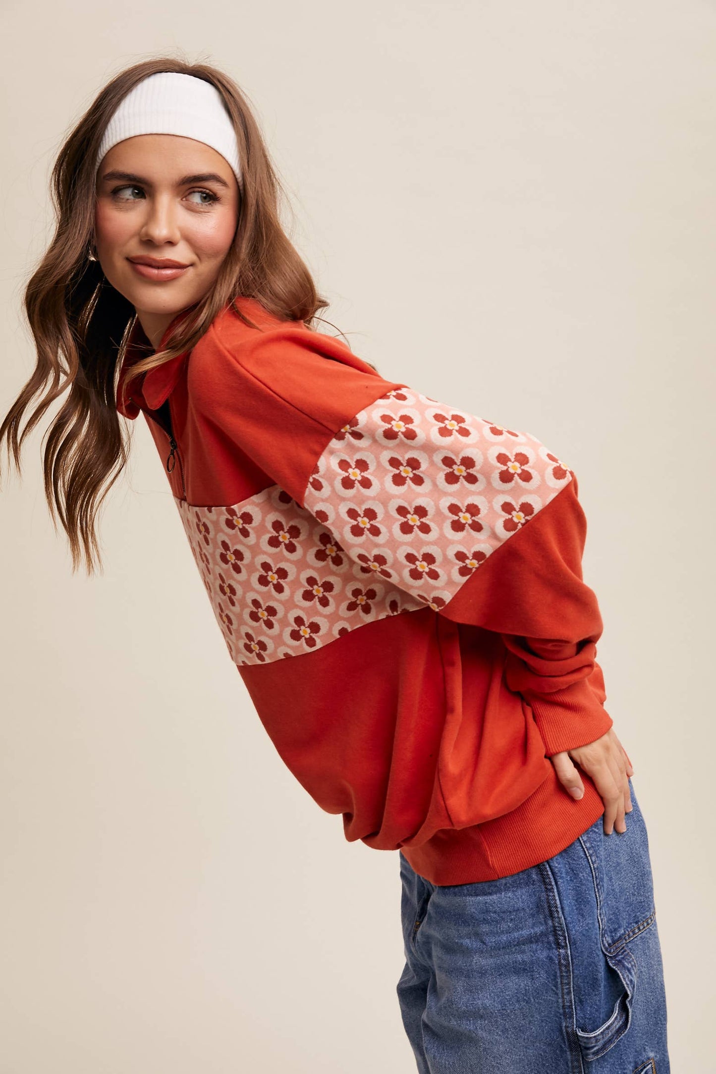 Retro Flower Panel Half-Zip Pullover