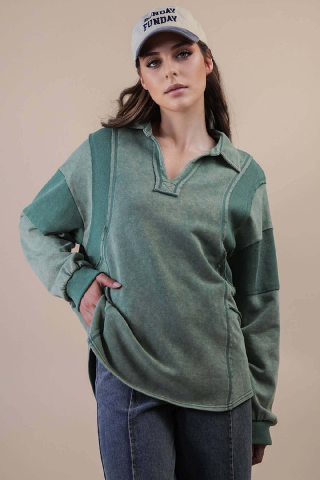 Mineral Washed Oversized French Terry Knit Top: SAGE