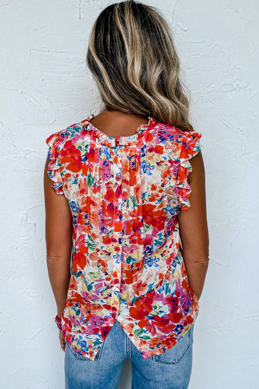 Red Frilled Neck Pleated Boho Floral Tank Top