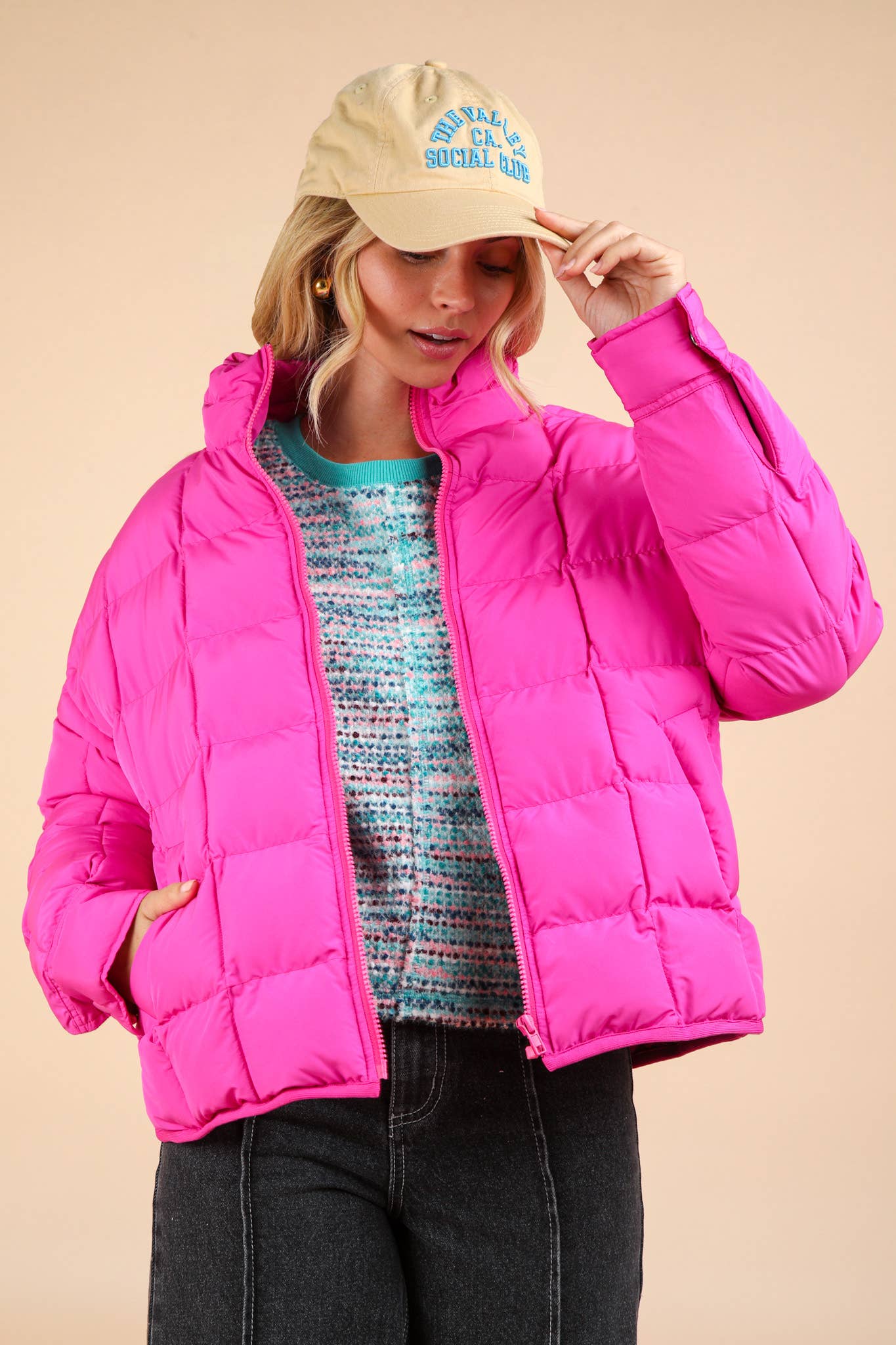 Solid Puffer Padded Warm Jacket: FUCHSIA