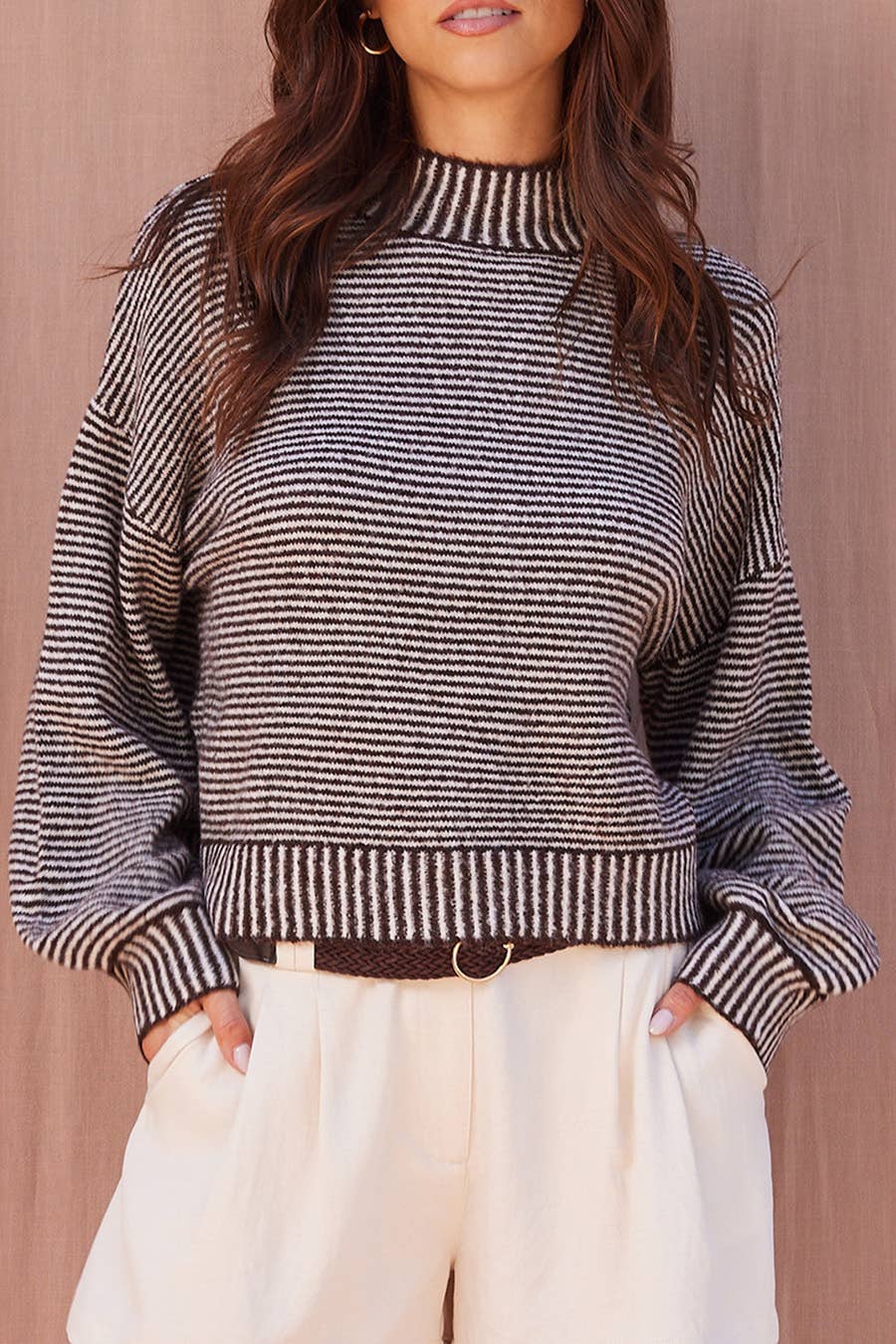 Mock Neck Stripe Knit Sweater: BROWN