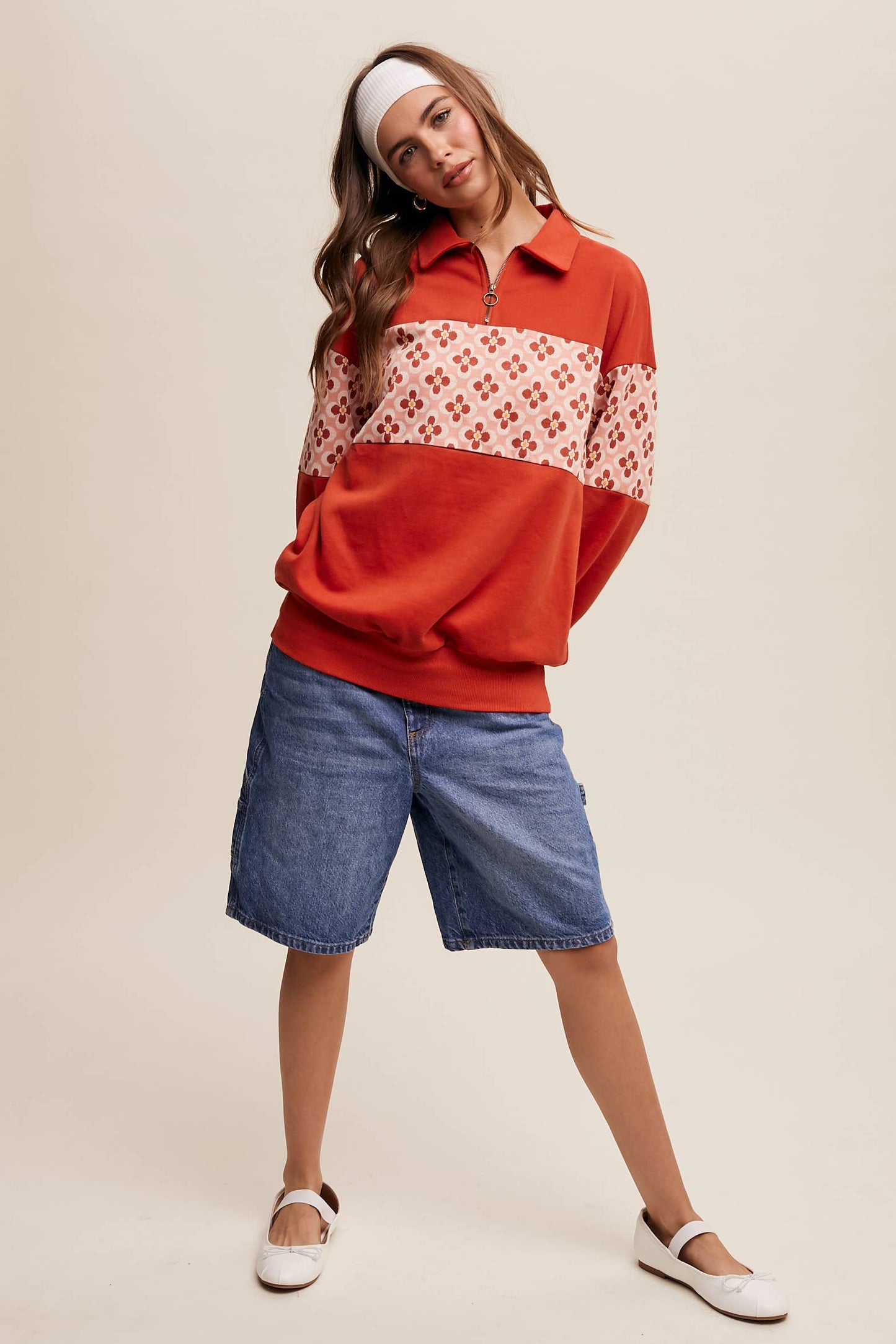 Retro Flower Panel Half-Zip Pullover