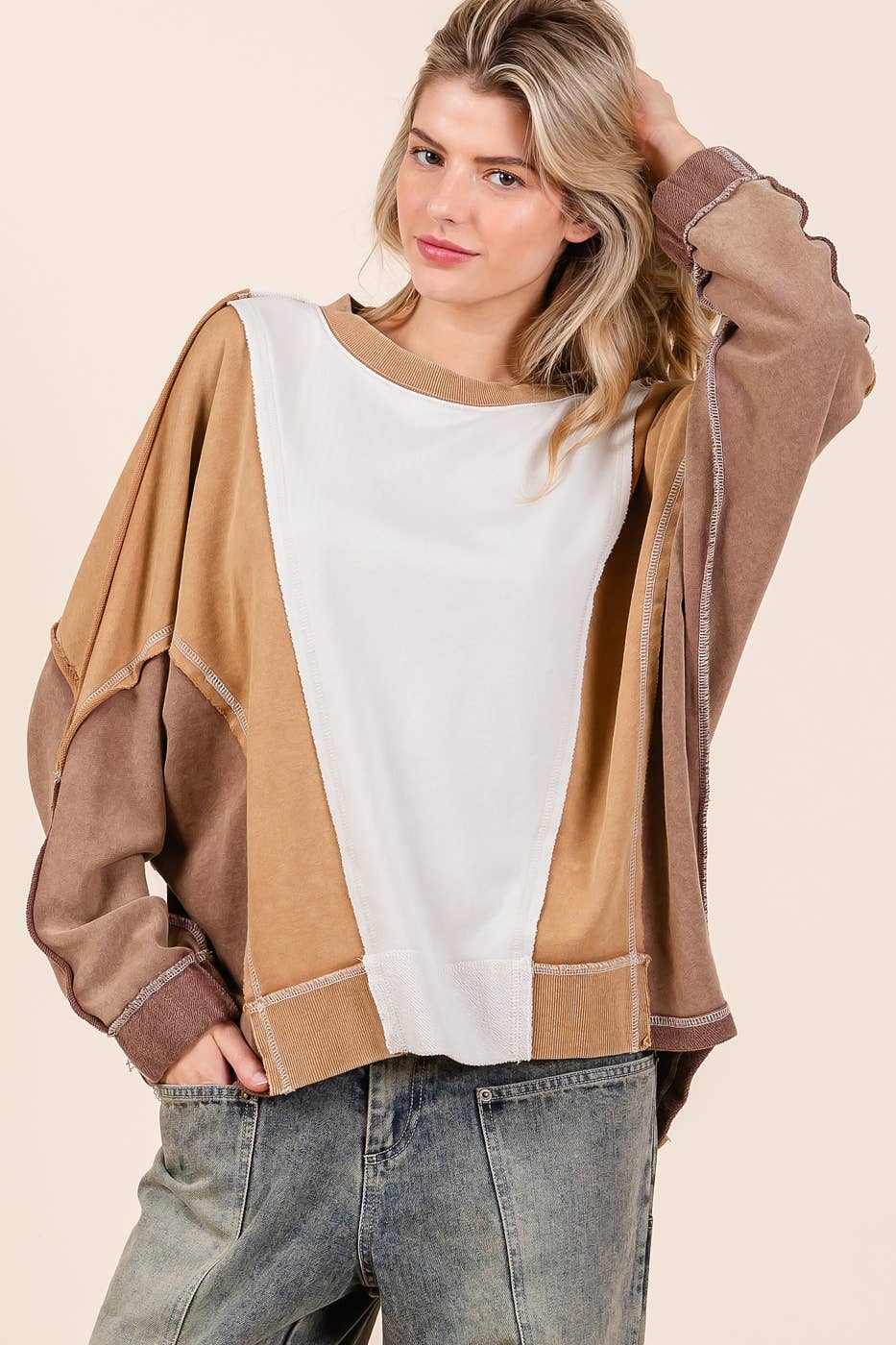 MINERAL WASH COLOR BLOCK DOLMAN SLEEVE PULLOVER