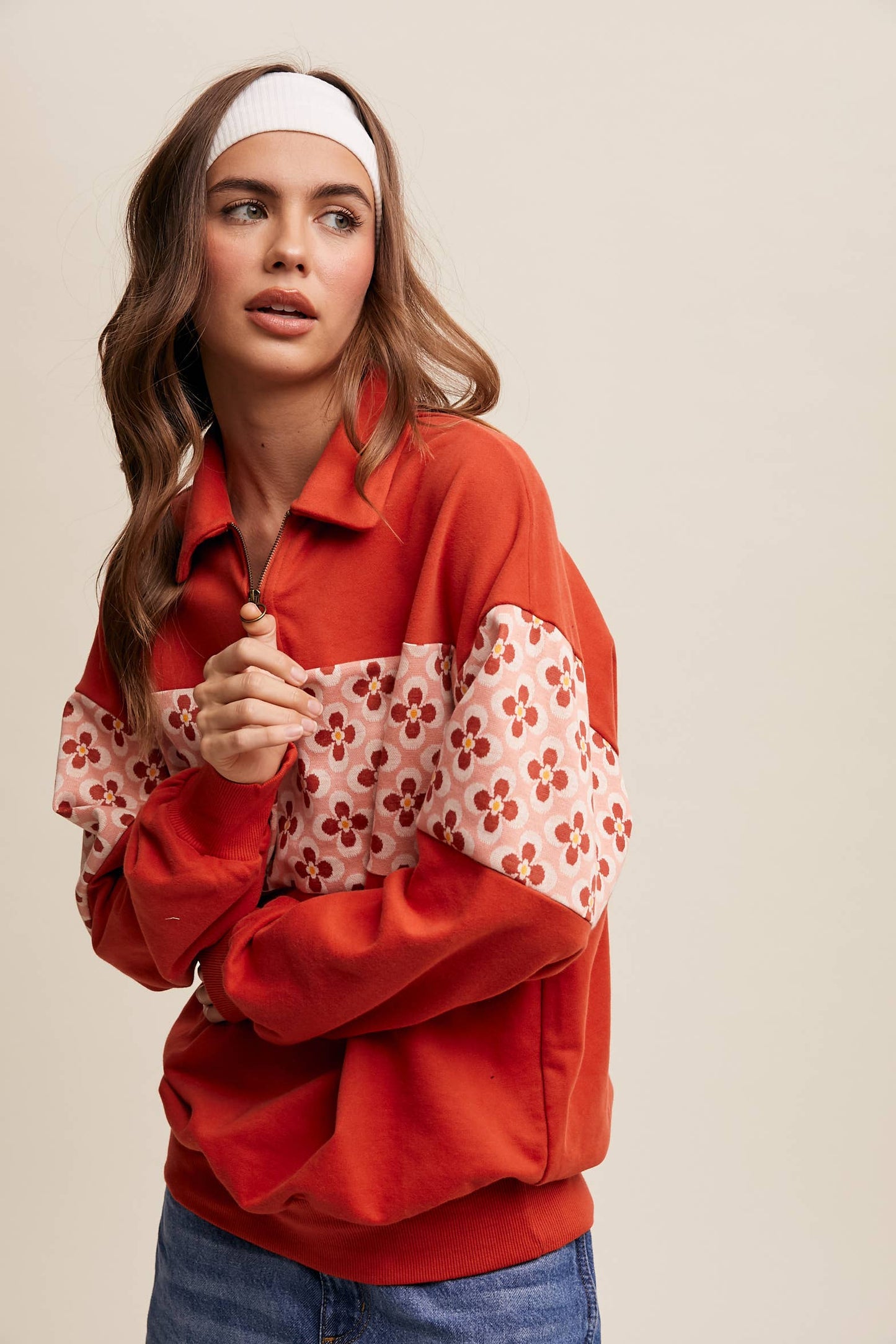 Retro Flower Panel Half-Zip Pullover