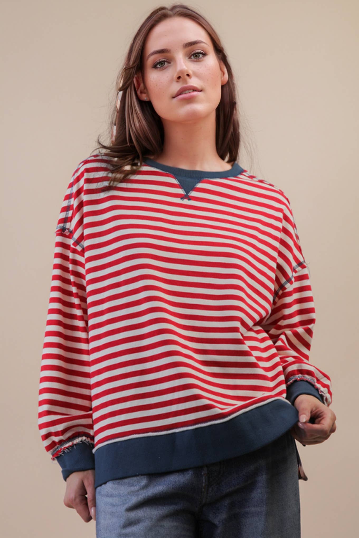 Stripe Comfy Casual Oversized Knit Top: RED/CREAM