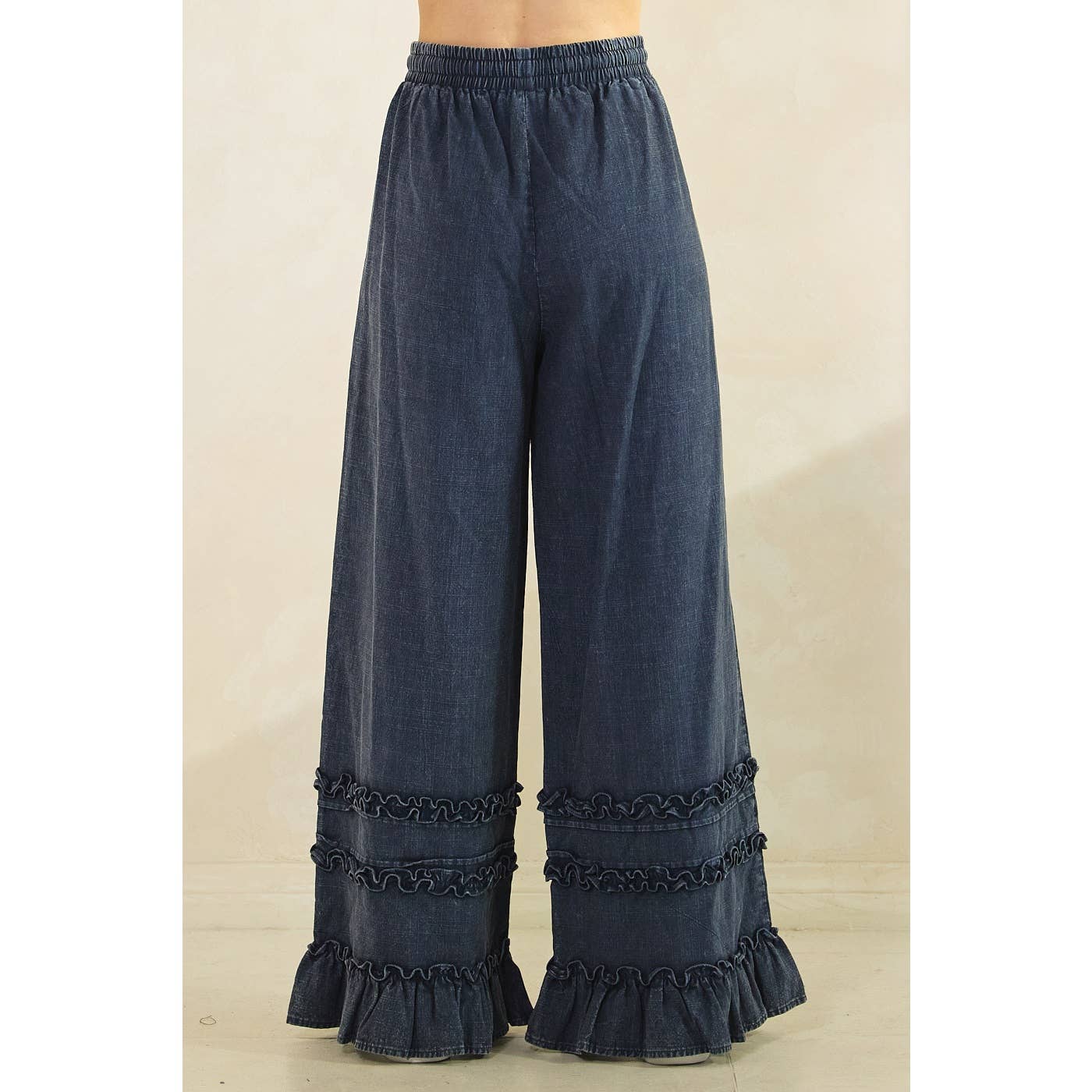 RUFFLE TRIM POCKET MINERAL WASH WIDE LEG PANTS: NEW BLUEBERRY