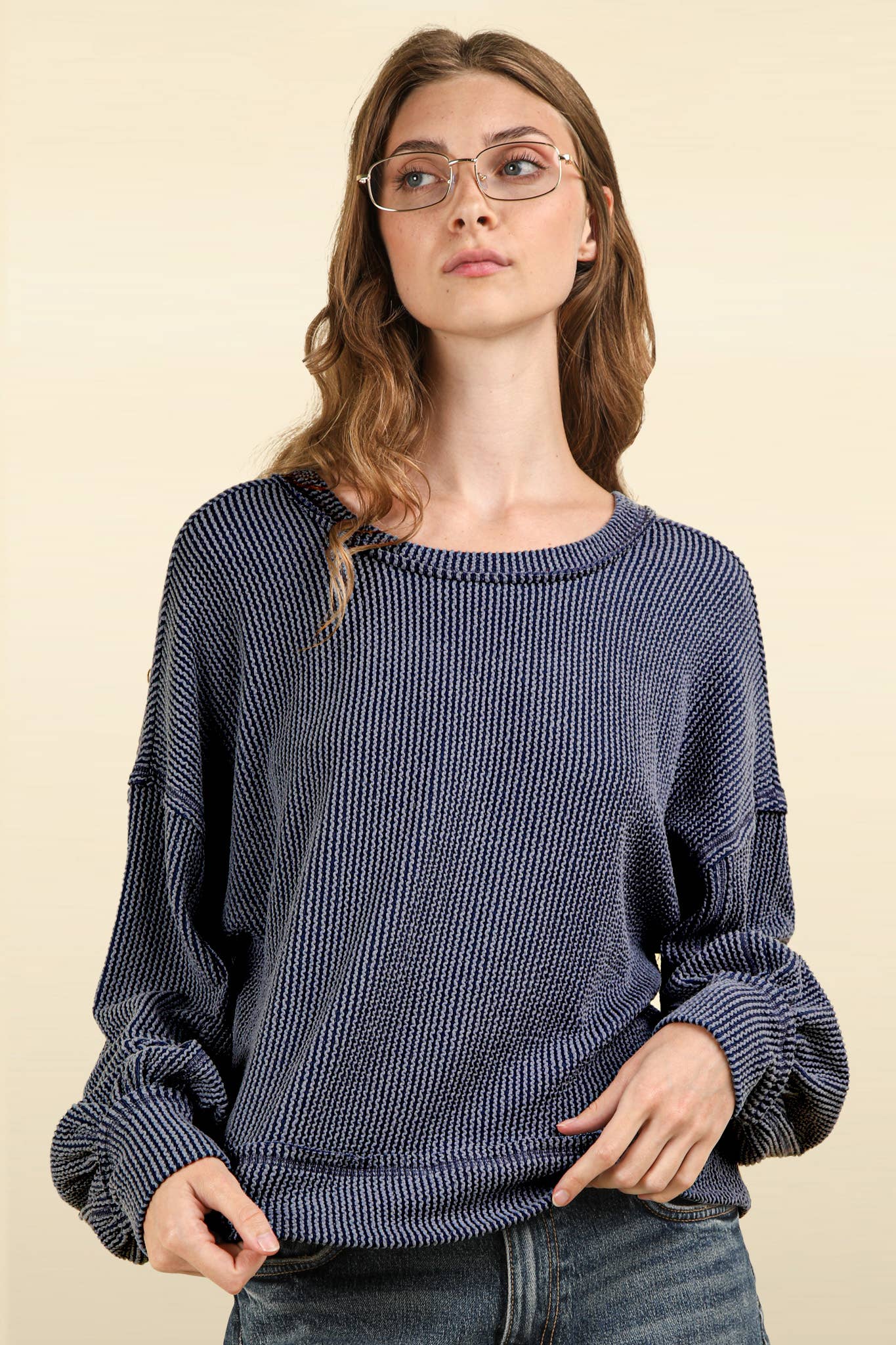 Two Tone Otto Ribbed Oversized Soft Comfy knit Top: DENIM