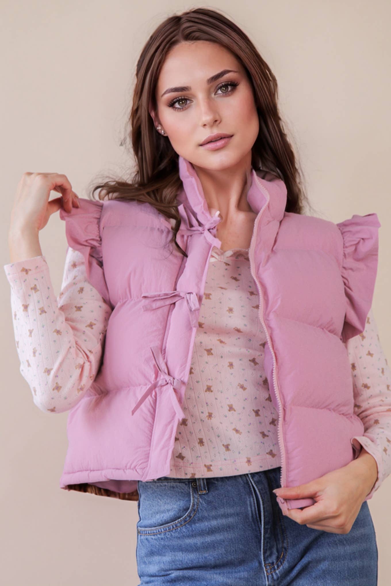 Front Bow Ruffle Sleeve Puffer Vest