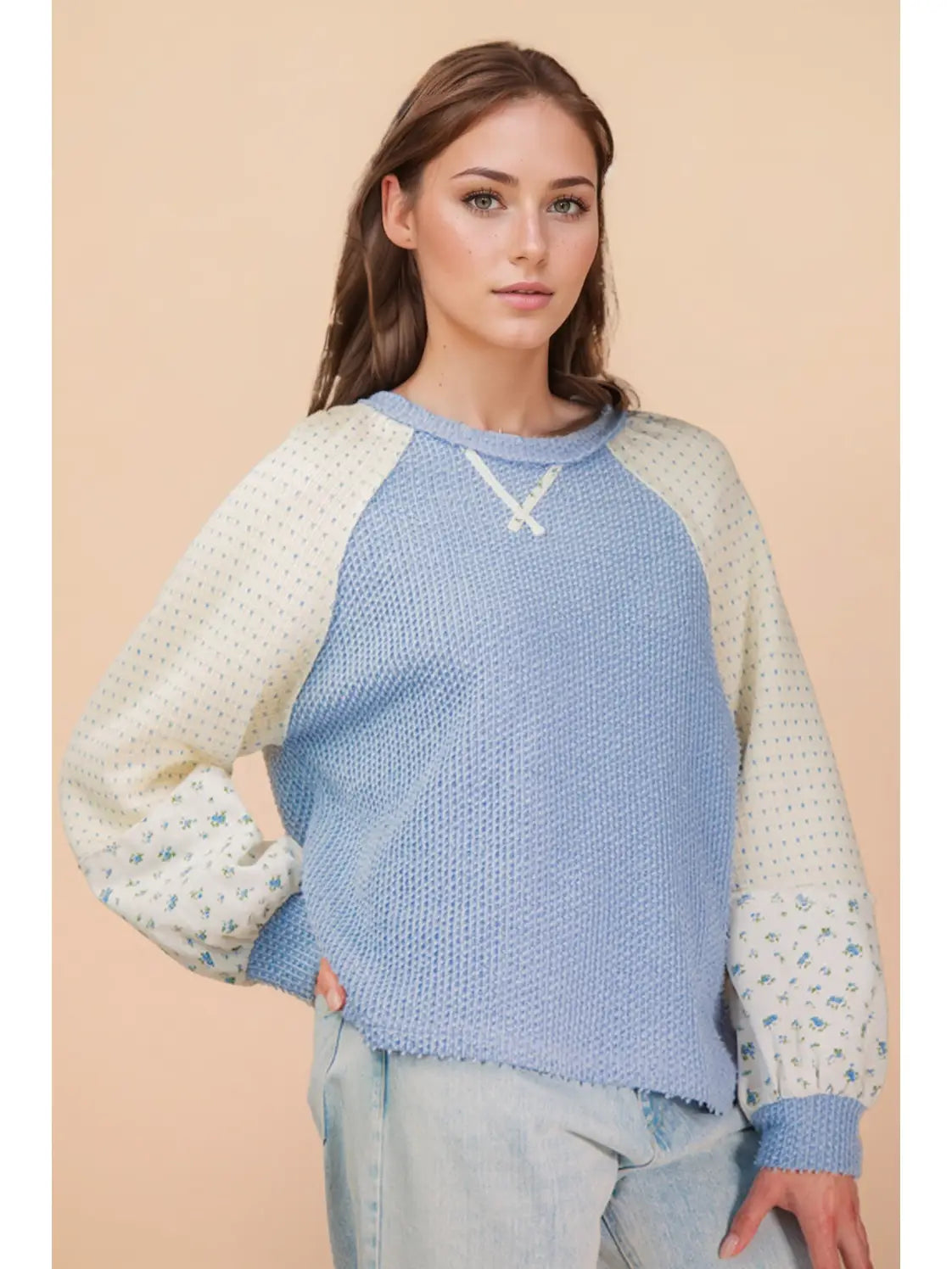 Raglan Sleeve Color Block Casual Textured Knit Top