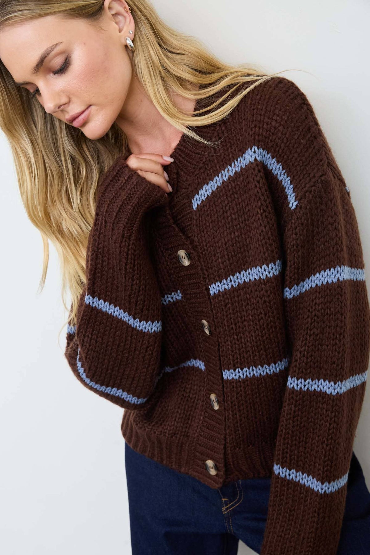 STRIPE JACQUARD BUTTON DOWN KNIT CARDIGAN