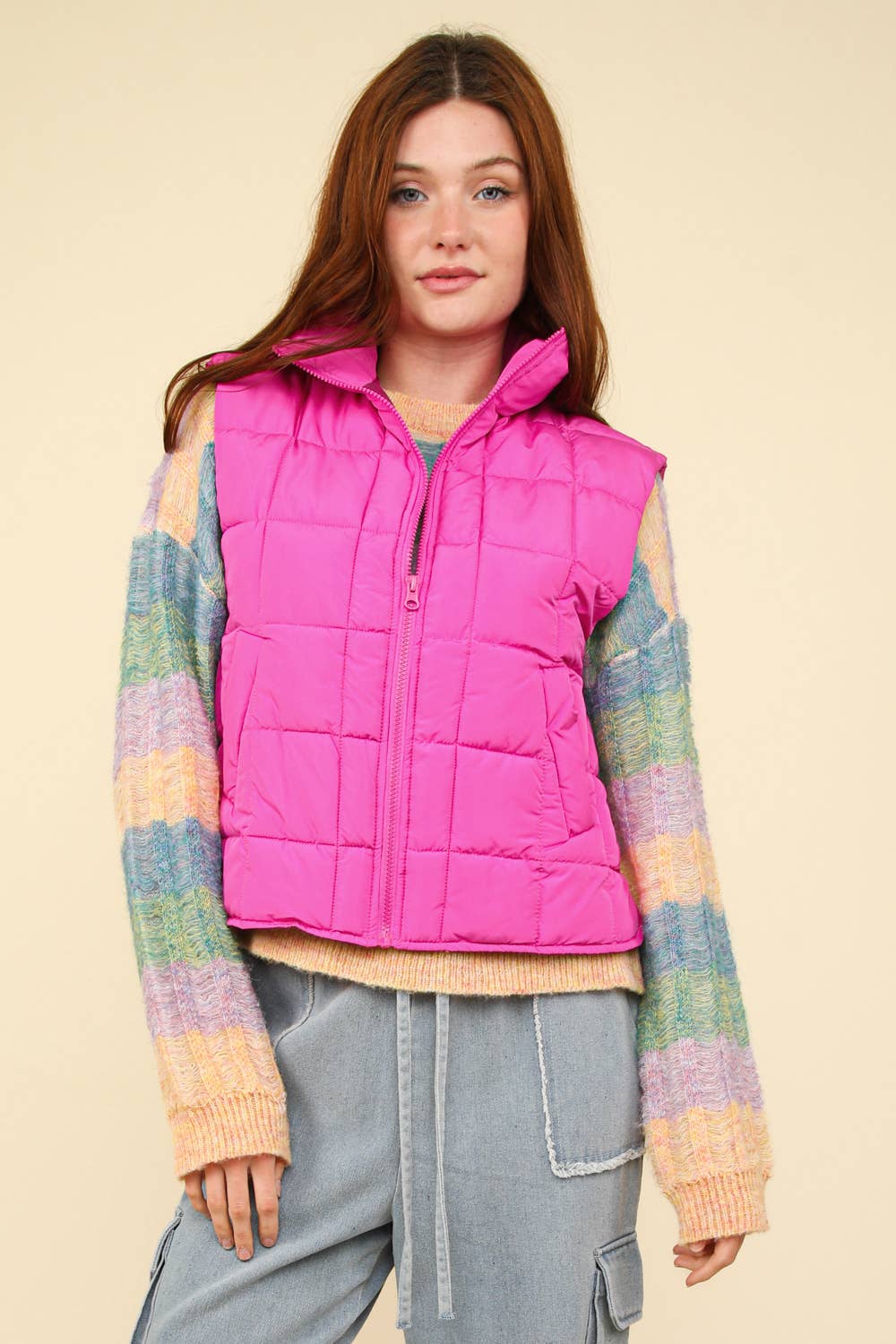 Solid Puffer Padded Warm Vest:Pink
