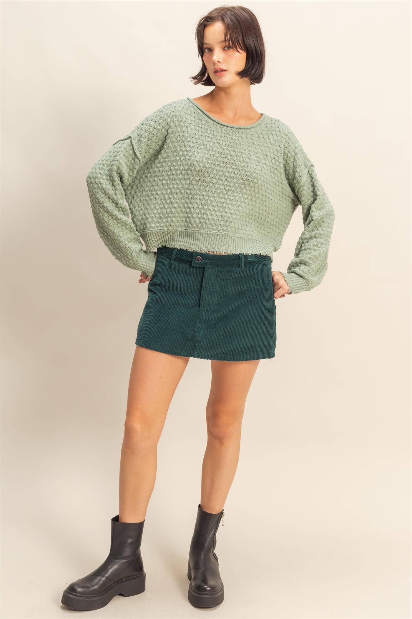 Textured Round Neck Long Sleeve Sweater: SAGE GREEN
