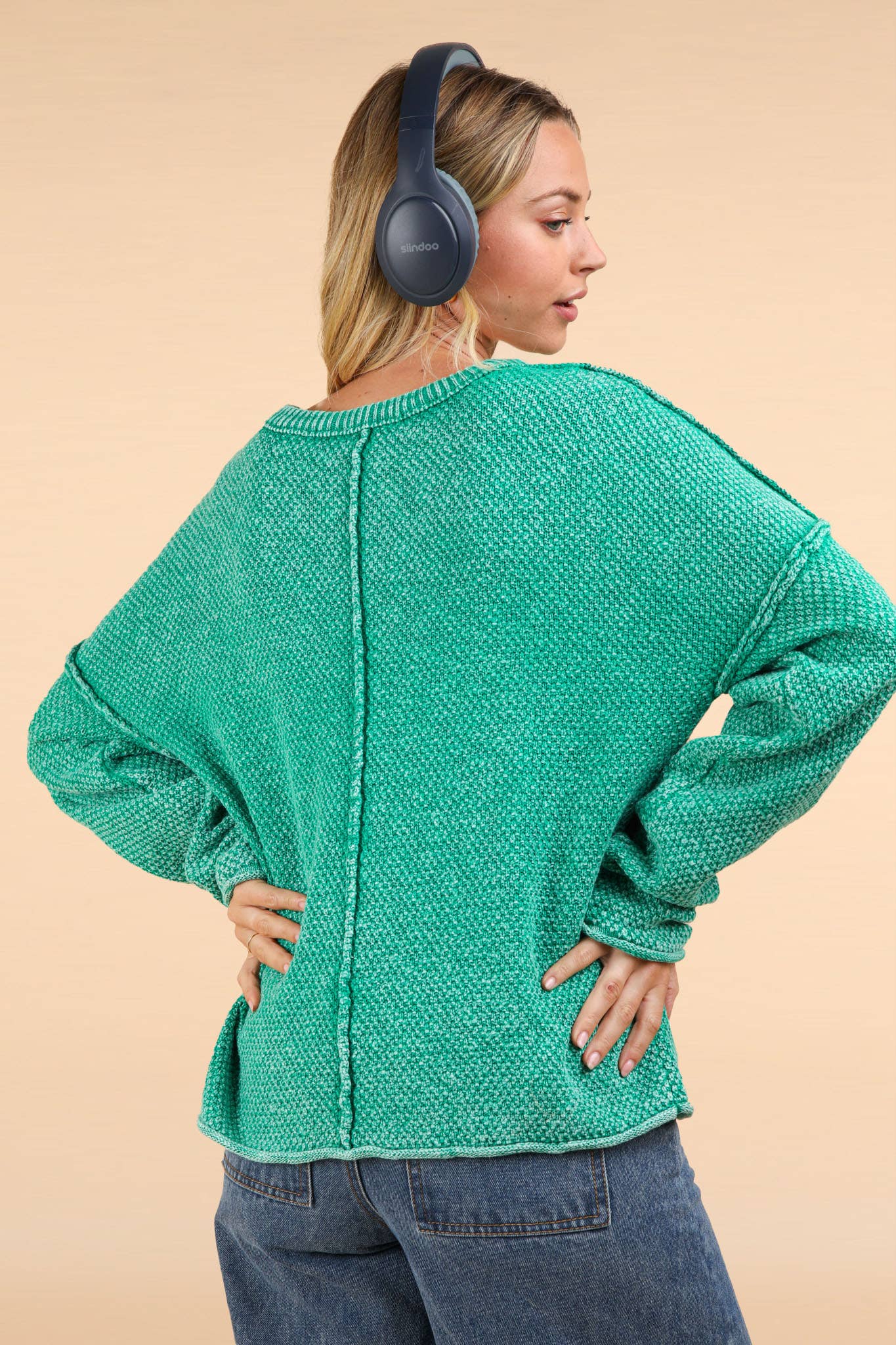 Mineral Washed Knit Oversized Sweater Pullover Top: KELLY GREEN