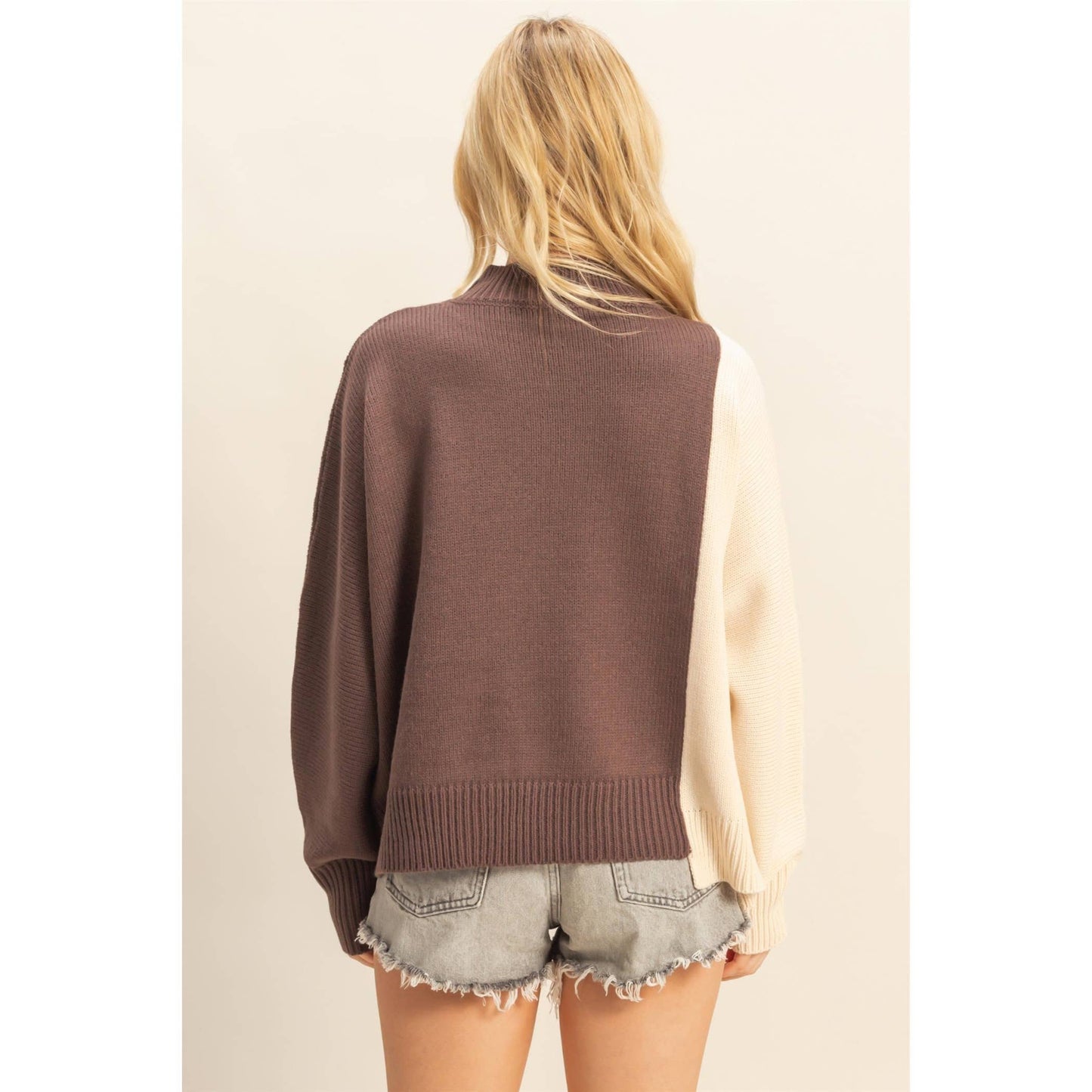 Modern Color Block Mock Neck Sweater