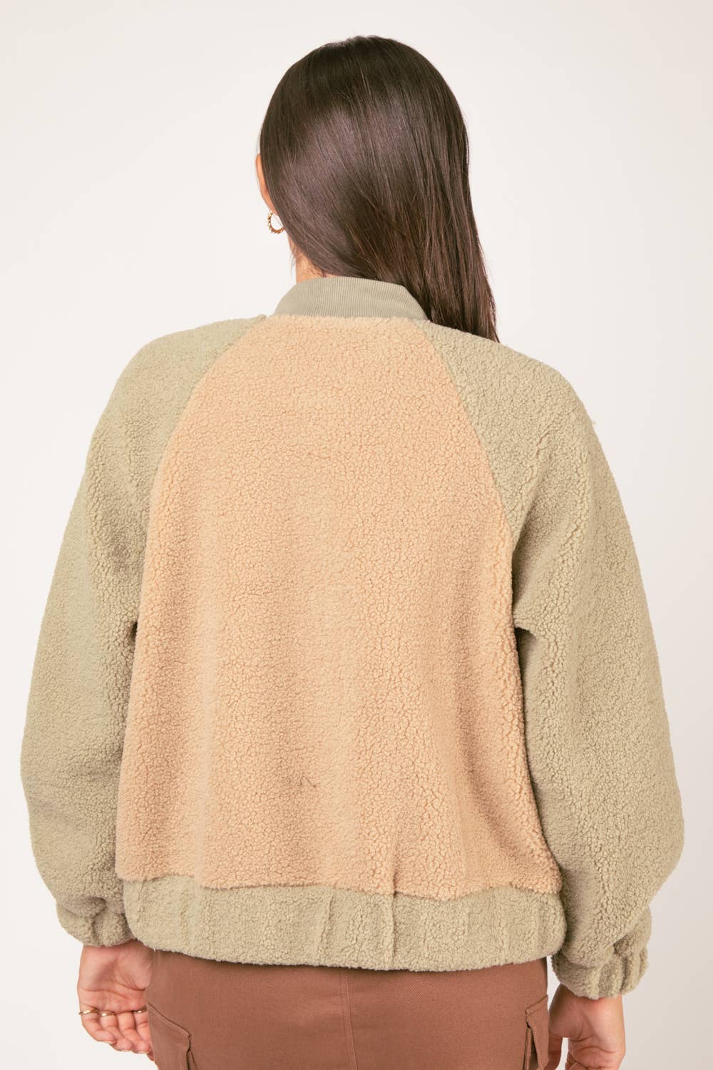 Raglan Sleeve Oversized Color Block Fleece Jacket: SAGE