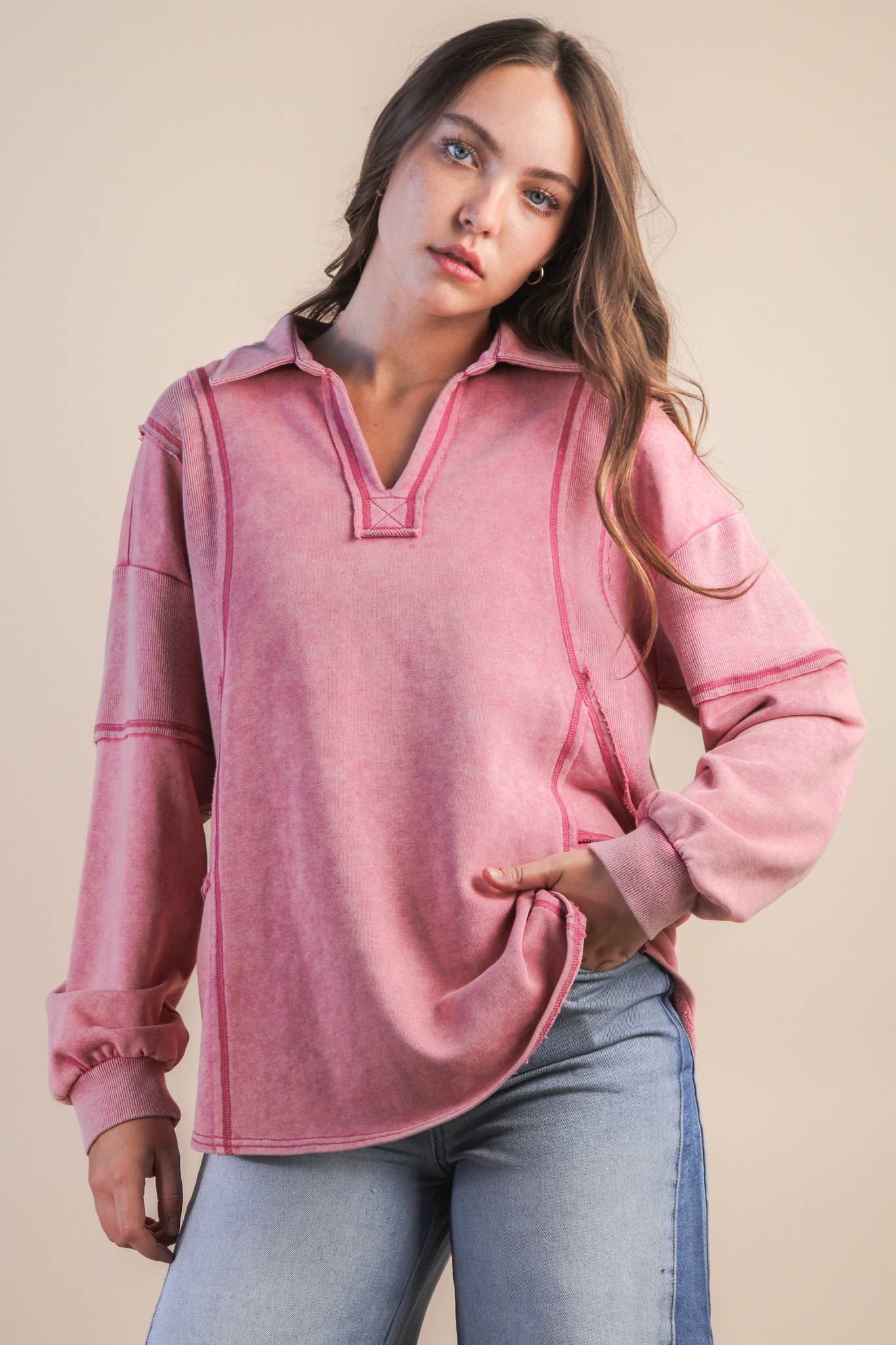 Mineral Washed Oversized French Terry Knit Top: MAUVE