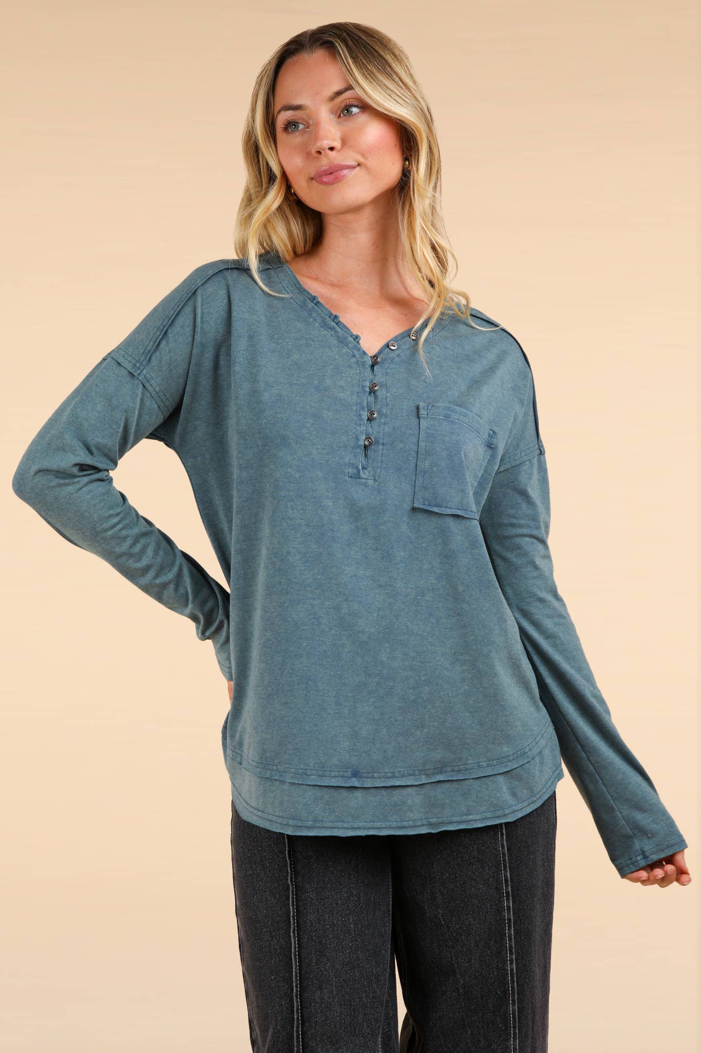 Mineral Washed Cotton Comfy Knit Top: DENIM
