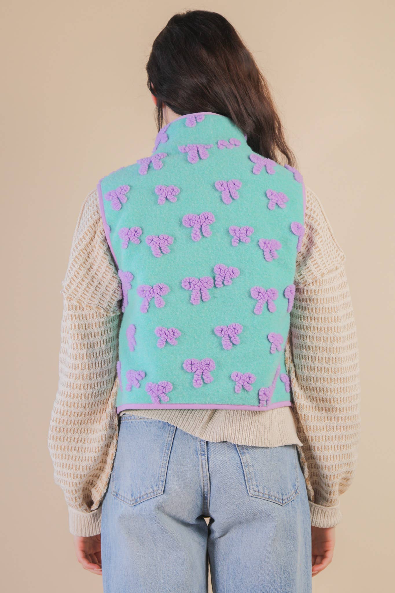 Textured Bow & Floral Printed Vest