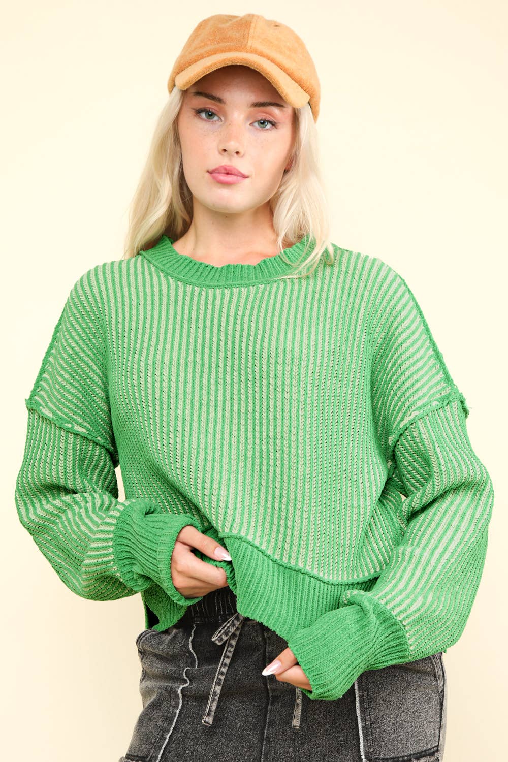 Two Tone Striped Casual Stripe Sweater-Green