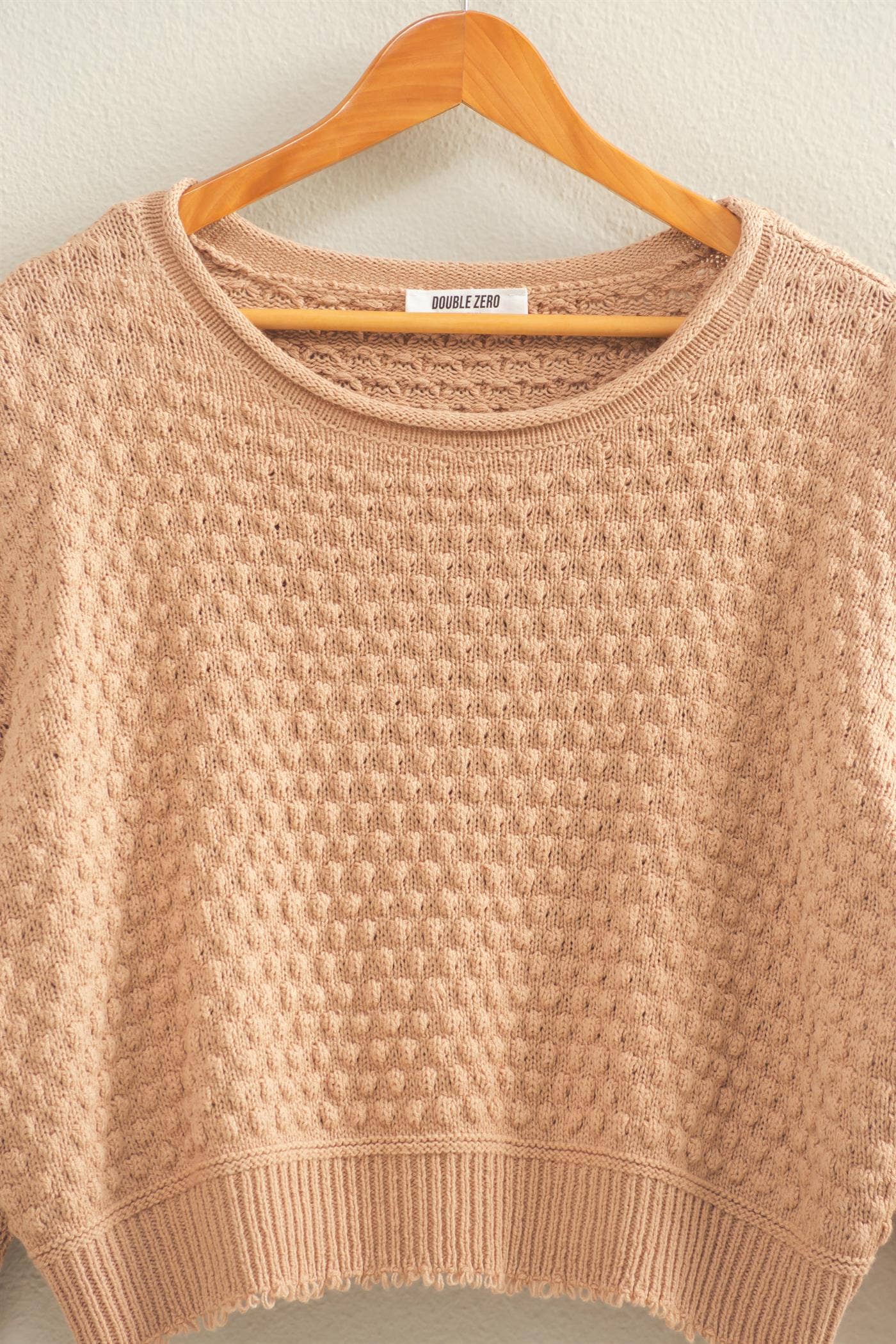Textured Round Neck Long Sleeve Sweater: DARK TAUPE