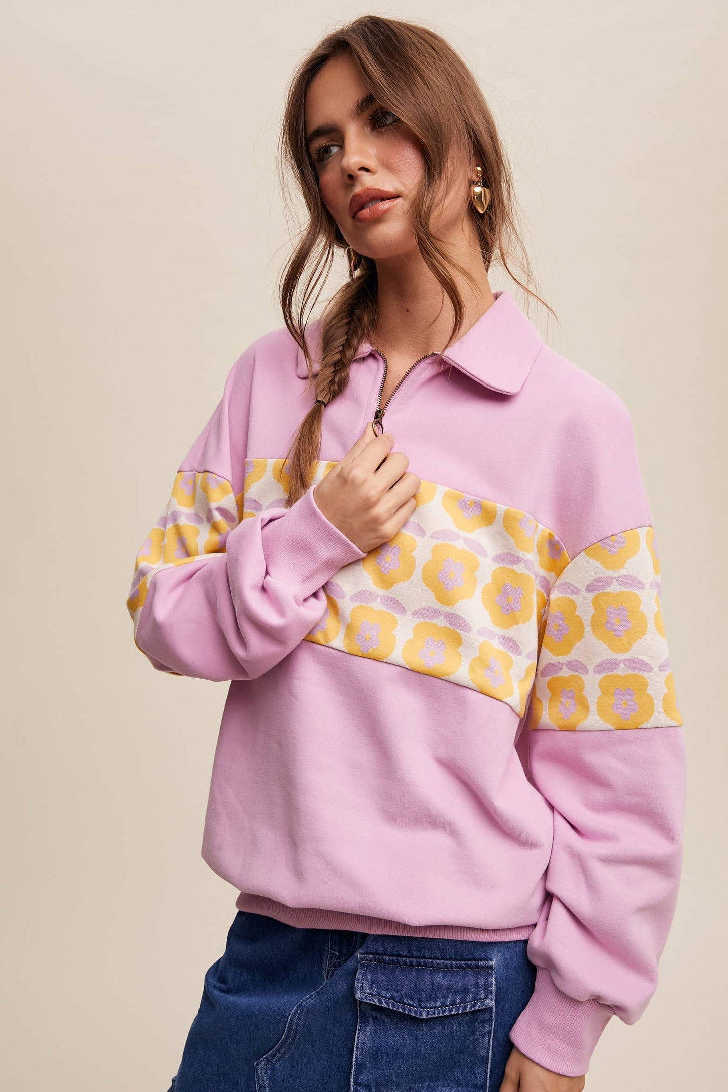 Retro Flower Panel Half-Zip Pullover