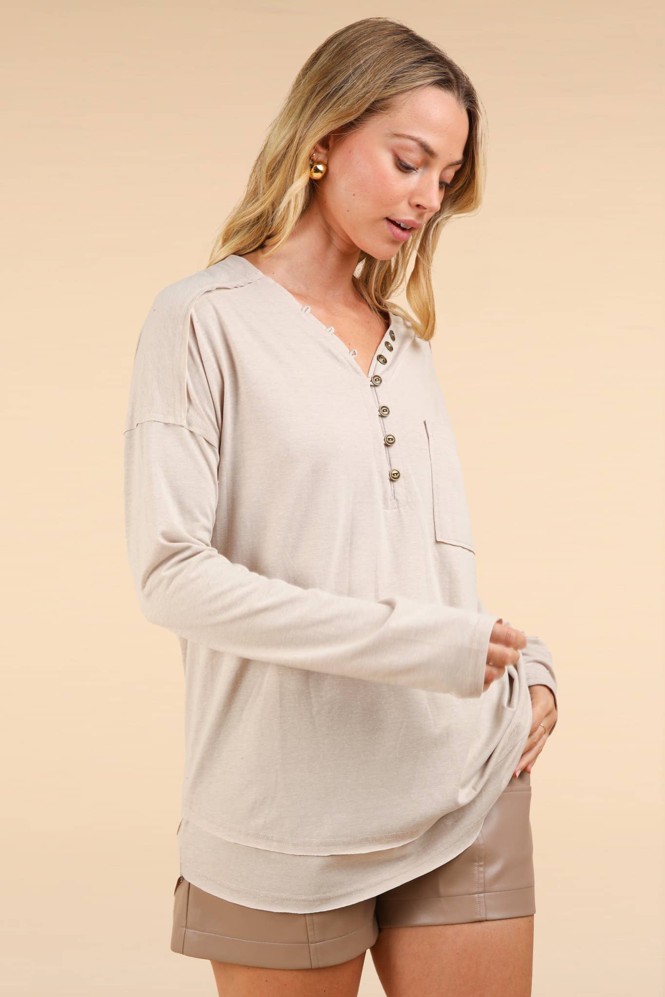 Mineral Washed Cotton Comfy Knit Top: CREAM