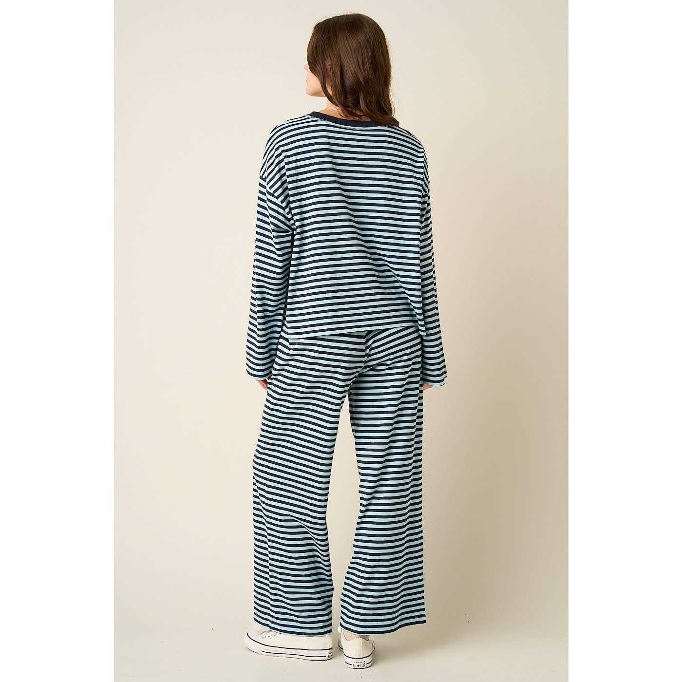 STRIPED PRINT LOUNGE TOP AND PANTS SET: SKY BLUE